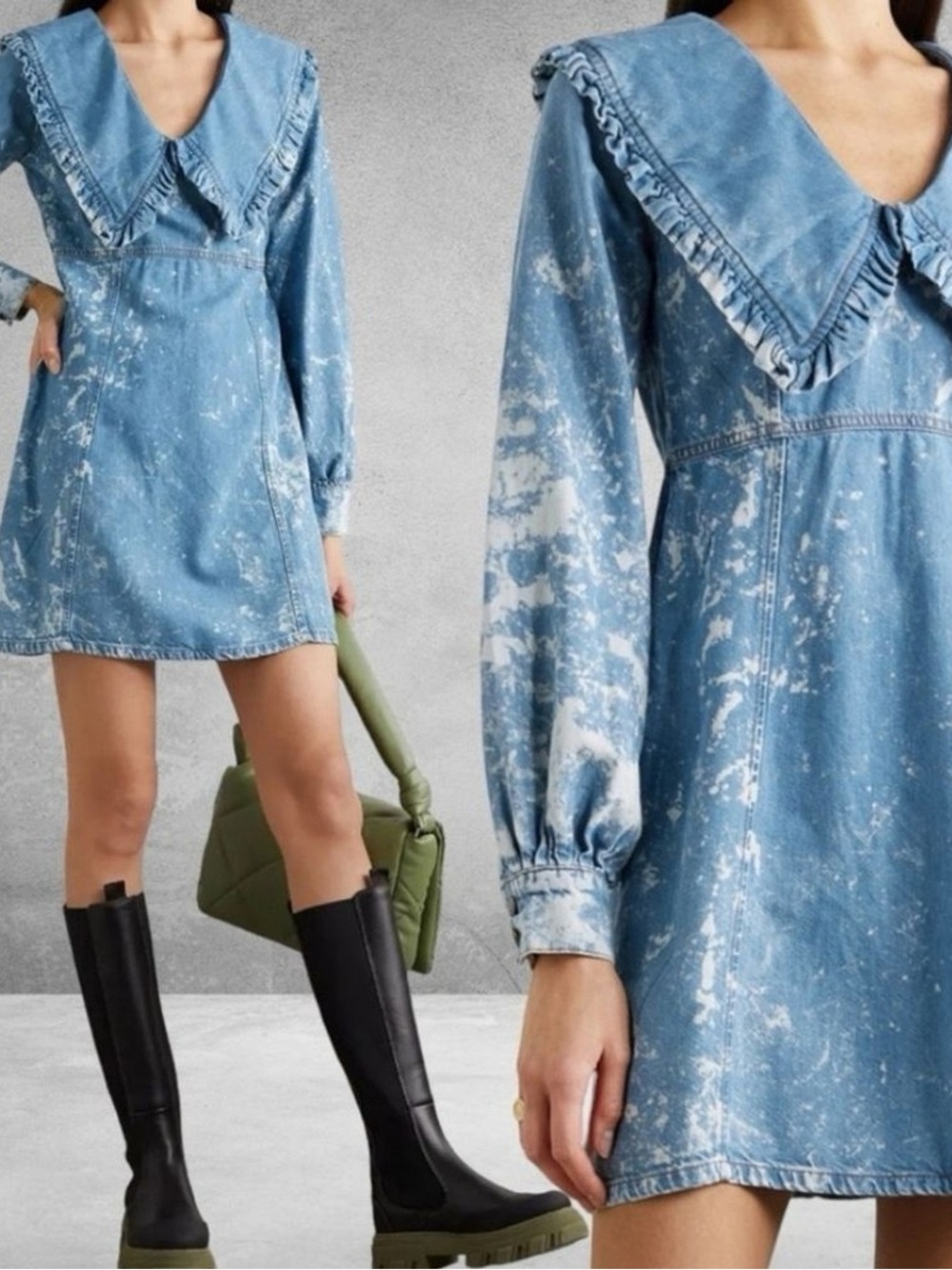 NWT GANNI Ruffled Bleached Organic Denim Mini Dress